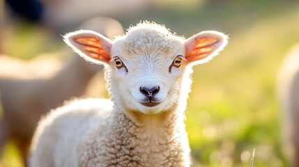 Naklejka premium Adorable Close Up of a Cute Lamb with Soft Wool and Playful Expression in Green Pasture : Generative AI