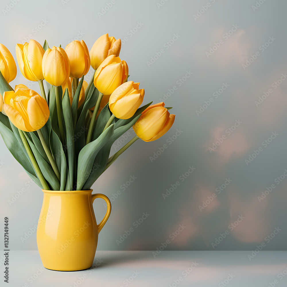 Poster bright yellow tulips in a yellow pitcher against a soft background generative ai