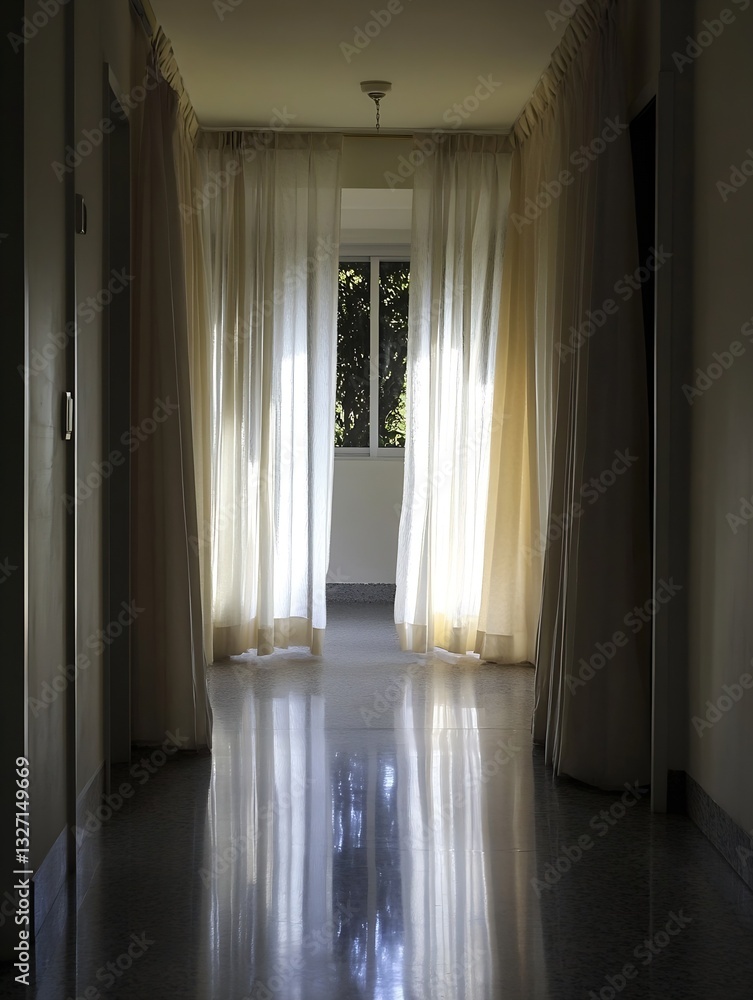 Poster soft natural light filtering through sheer curtains in a calm and serene corridor : generative ai