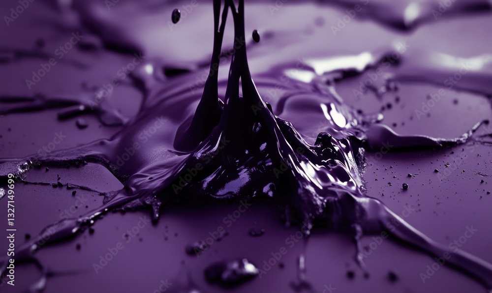 Poster purple liquid splashing on surface, dynamic fluid motion, abstract background
