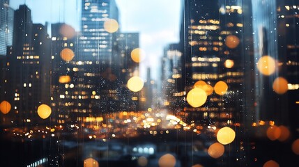 Fototapeta premium Vibrant city skyline captured through rainsoaked glass featuring glowing lights and blurred ambiance : Generative AI