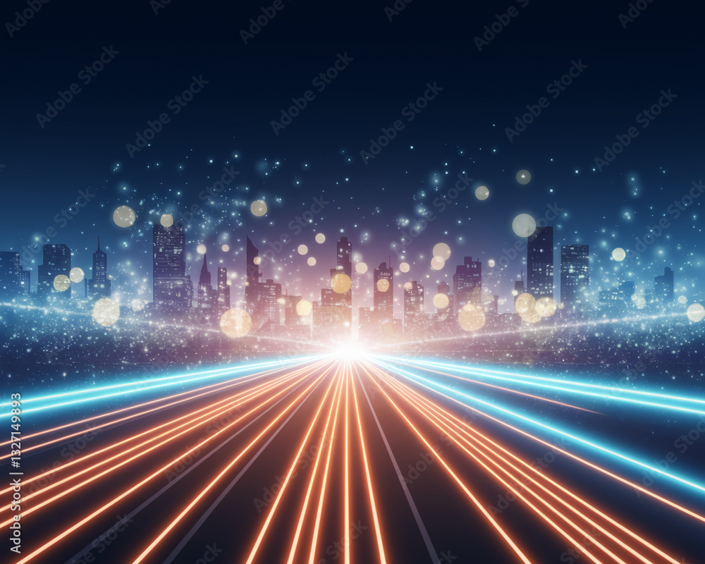 Poster glowing lines converge on a city skyline, creating a dynamic, futuristic scene symbolizing progress,