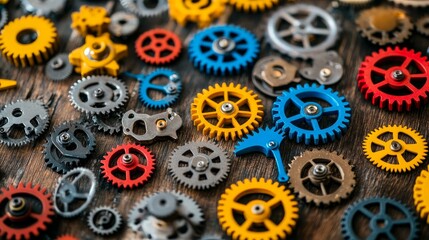 Assorted clockwork spare parts with different colored gears arranged on a table