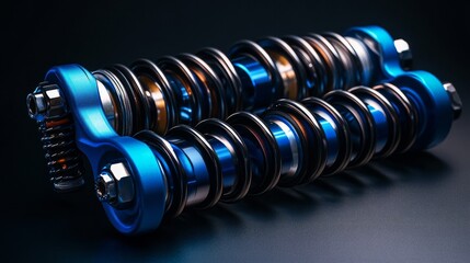 Auto suspension tuning parts featuring blue coilovers shock absorbers and springs for a sports drift car on a dark backdrop