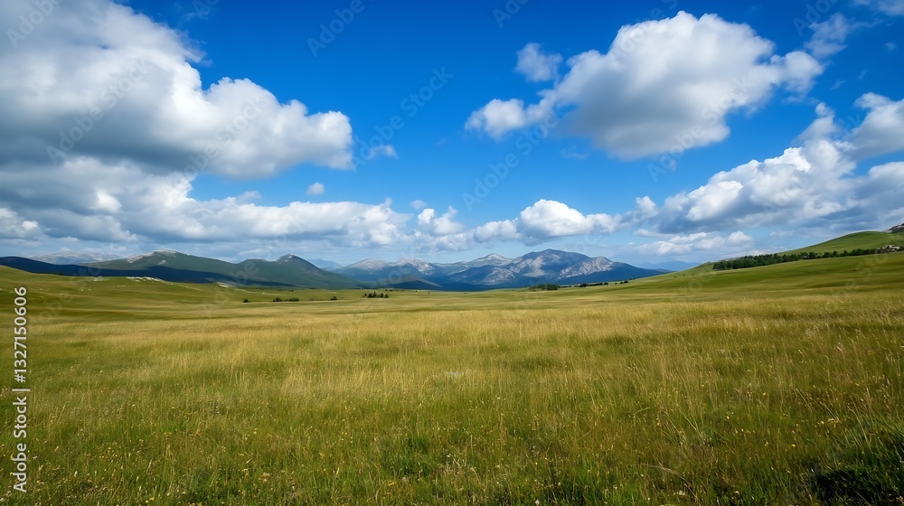 Poster breathtaking view of a lush green field under a bright blue sky adorned with fluffy clouds : generat