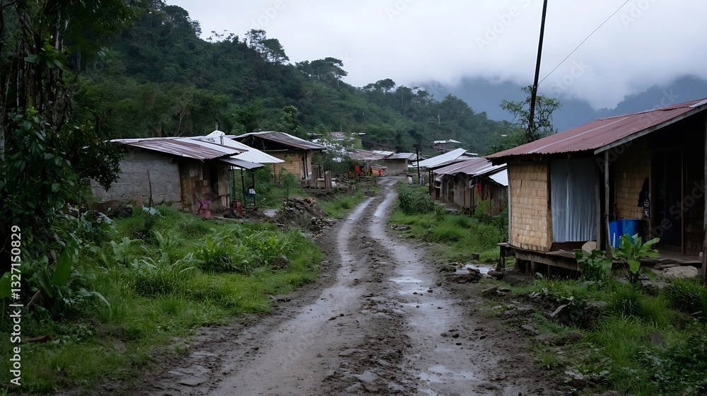 Poster rural pathway through a village amidst lush green mountains in overcast weather : generative ai