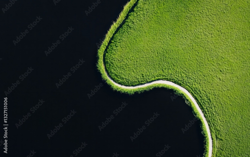 Poster aerial view of a winding path through vibrant green vegetation beside dark water. the path curves or