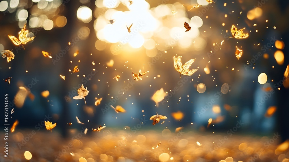 Fototapete magical atmosphere created by golden autumn leaves floating softly in sunlight filtering through a f