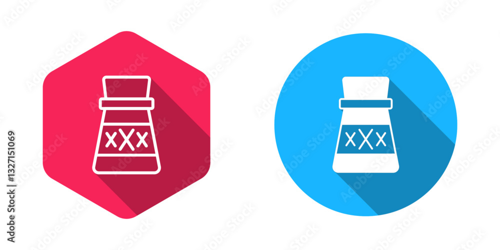 Poster filled and outline bottle with potion icon isolated with long shadow background. flask with magic po