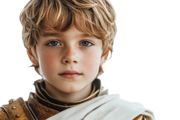 Young boy in detailed knight armor with a solemn expression