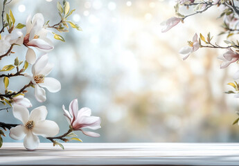 White flowers bloom abundantly on a tree branch by a window