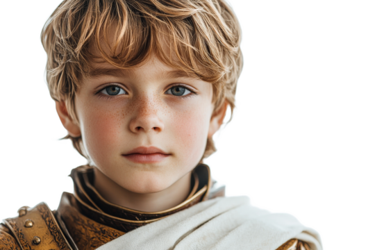 Young boy in detailed knight armor with a solemn expression