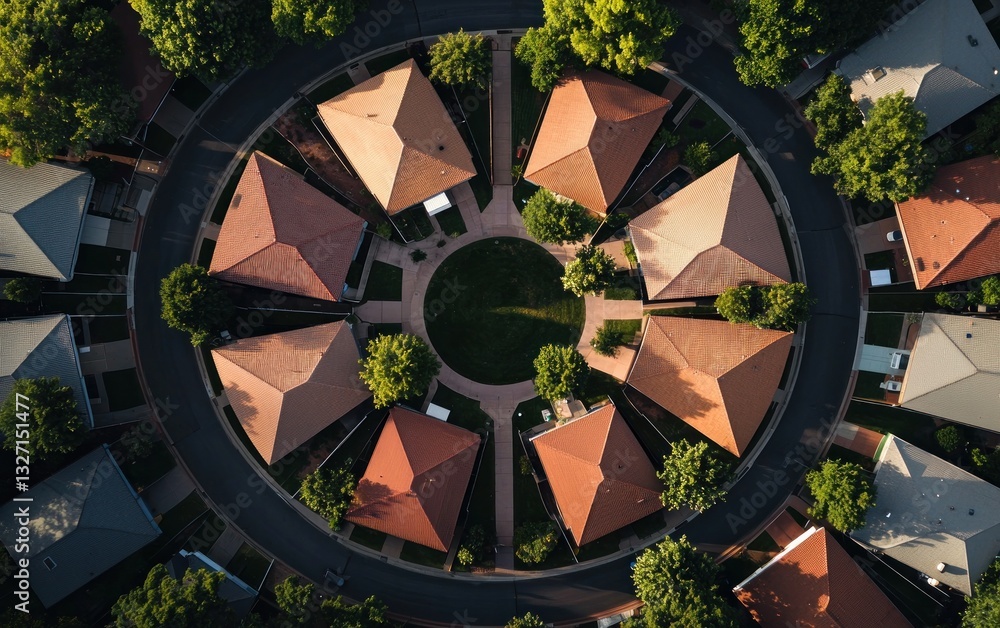 Poster aerial view of a residential neighborhood with houses arranged in a circle around a central green sp