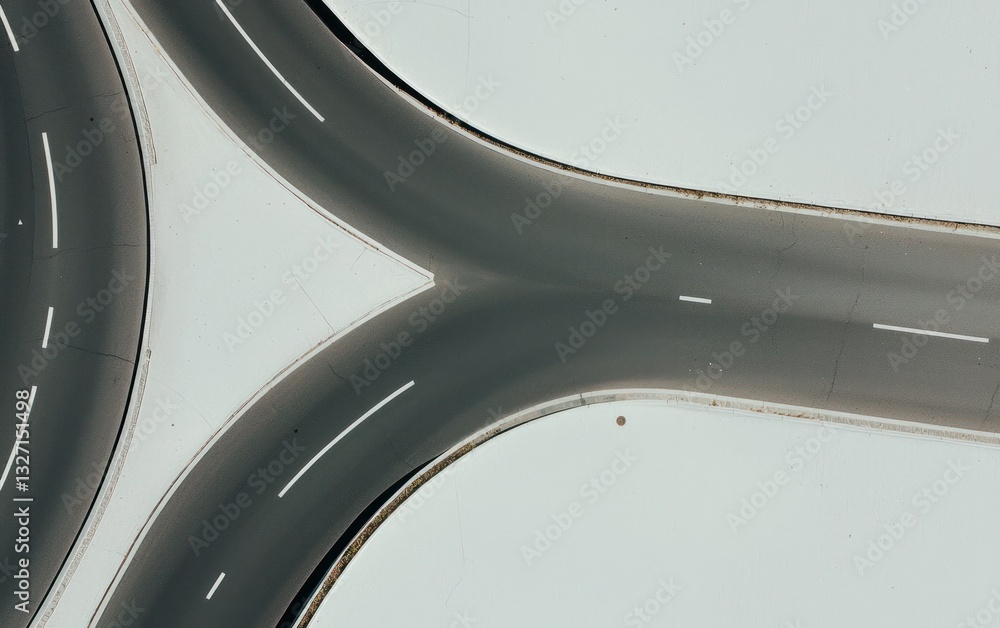 Poster aerial view of a road intersection in winter, with dark asphalt roads and a light-colored snowy back