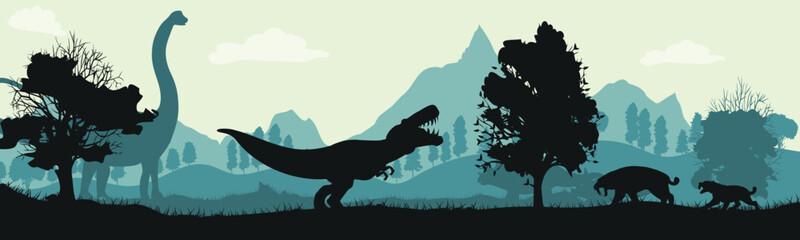 Vector landscape of dinosaurs. Prehistoric animals. panorama.