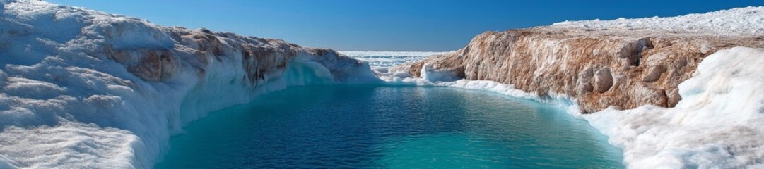 A breathtaking view of frozen icy cliffs surrounding a tranquil turquoise water pool in a winter wonderland. Generative AI