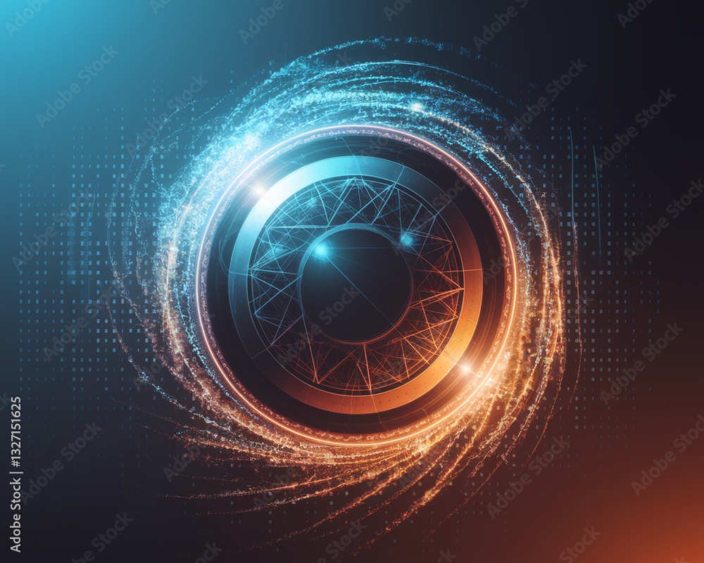 Poster abstract digital wheel with swirling lights, representing technology, innovation, or data flow. idea