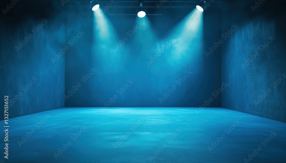 Poster studio for showcase: featuring empty blue space and spotlight for display or presentation