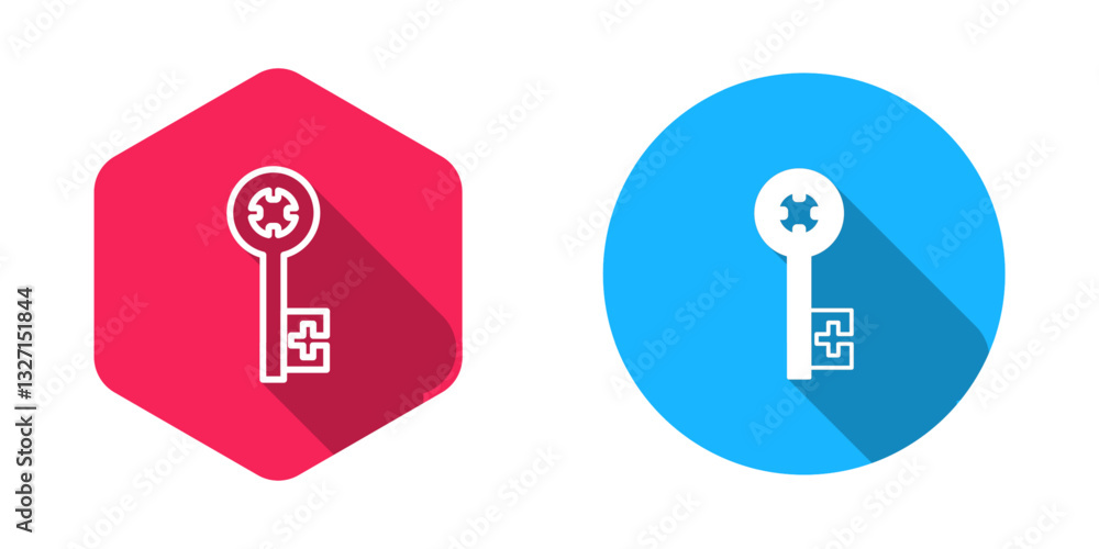 Poster filled and outline old key icon isolated with long shadow background. vector