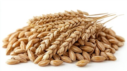 Realistic close-up of a pile of oats grains isolated on white background showcasing natural texture and organic appearance