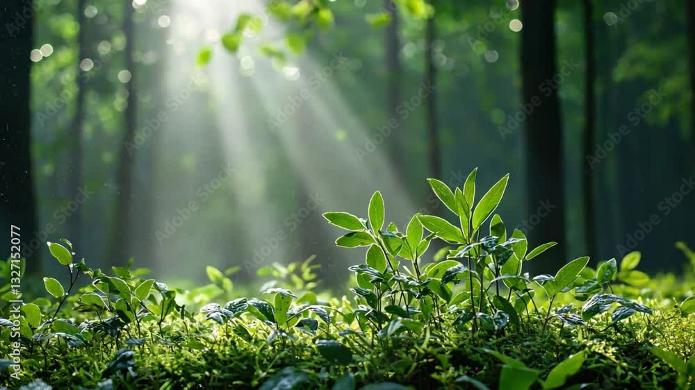Poster sunlight filtering through lush green leaves in a serene forest setting with gentle mist and vibrant