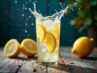 Refreshing Citrus Drink Splash with Lemon and Ice
