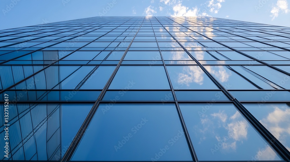 Aufkleber Modern glass building reflecting clouds and sky showcasing architectural design : Generative AI