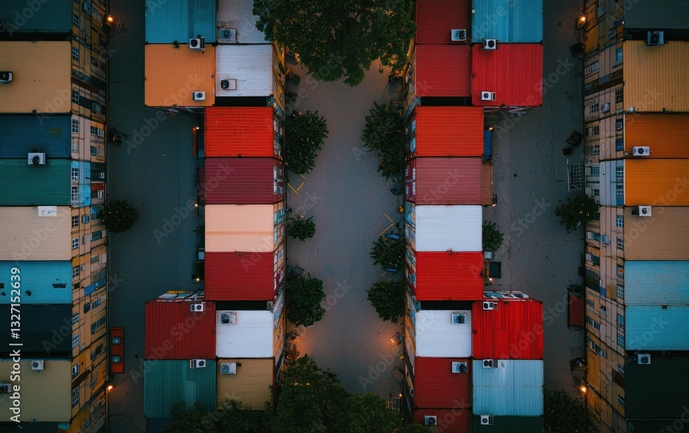 Poster aerial view of colorful buildings rooftops forming a symmetrical pattern. the image features various