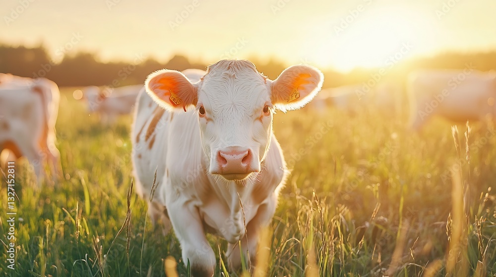 Poster young calf with beautiful eyes standing peacefully in a sunlit green field with a soft backdrop of n