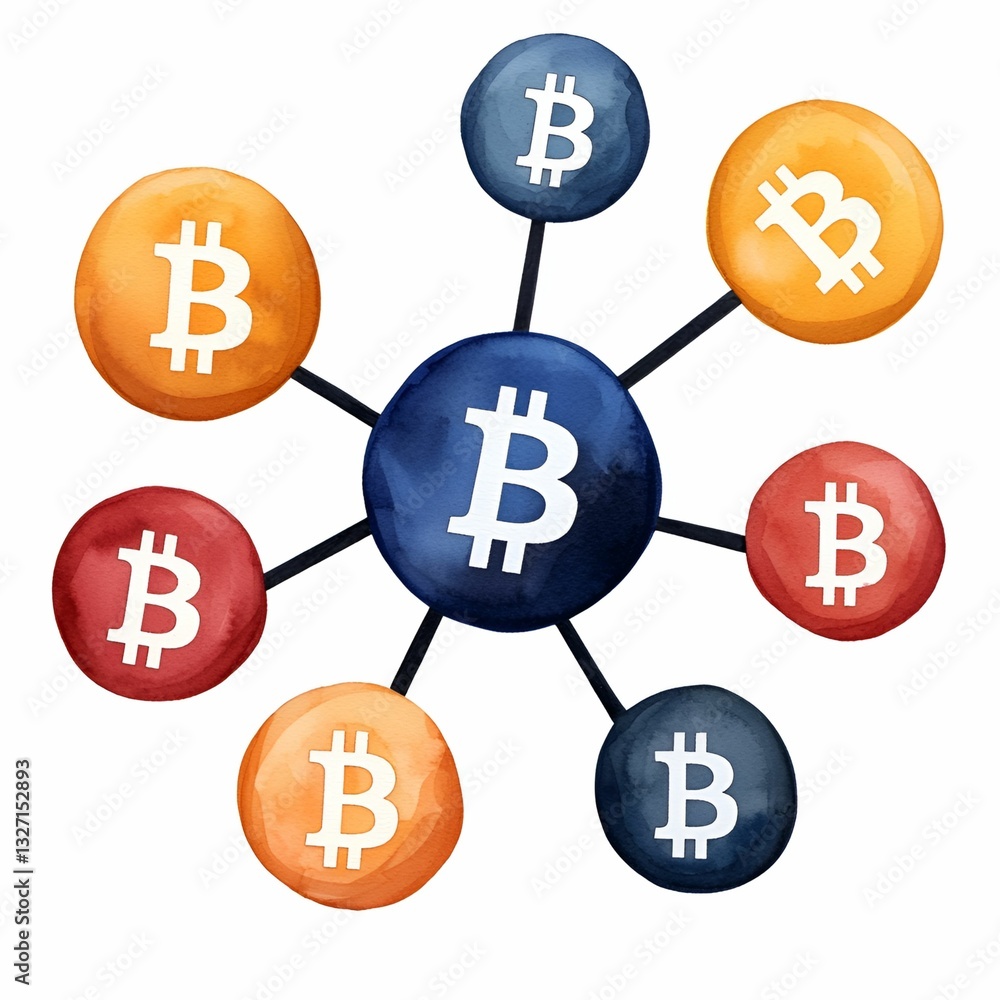 Poster cryptocurrency watercolor concept. visual representation of bitcoin network connections.