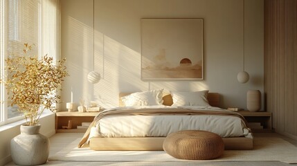 A subtly mounted smart security camera in the corner of a minimalist bedroom with neutral color tones.
