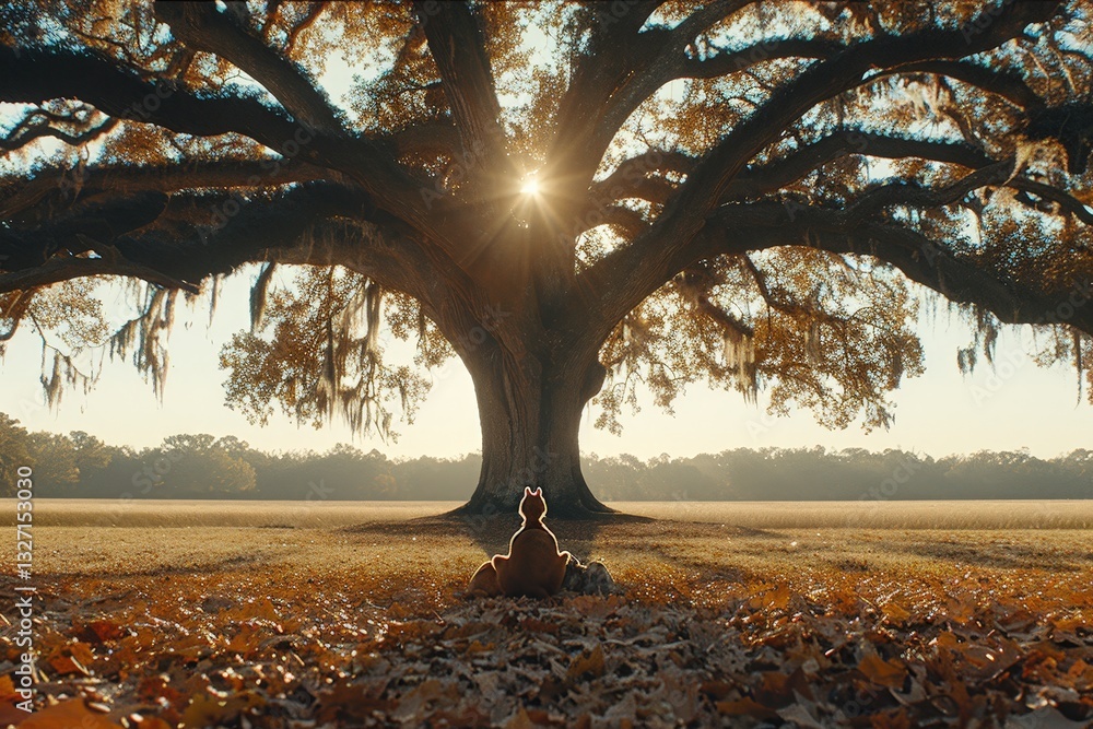 Poster a person sits under a large tree in a field