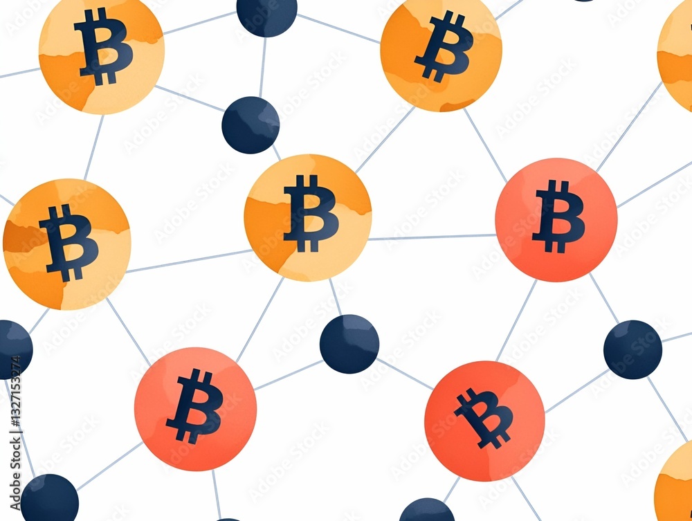 Aufkleber cryptocurrency watercolor concept. blockchain network visualization with bitcoin symbols and nodes.