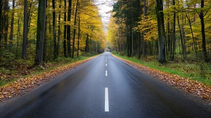 Fototapeta premium Picturesque Autumn Road Surrounded by Colorful Trees Under a Clear Blue Sky : Generative AI