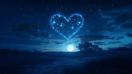 Obraz premium Celestial Heart: A luminous heart formed from twinkling stars hovers against a deep blue night sky, casting a magical glow over a serene landscape. 