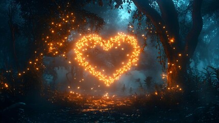 Enchanted Heart in Forest: A luminous heart formed by flickering lights casting a warm glow amidst a mystical forest, evoking a sense of wonder and romance. 