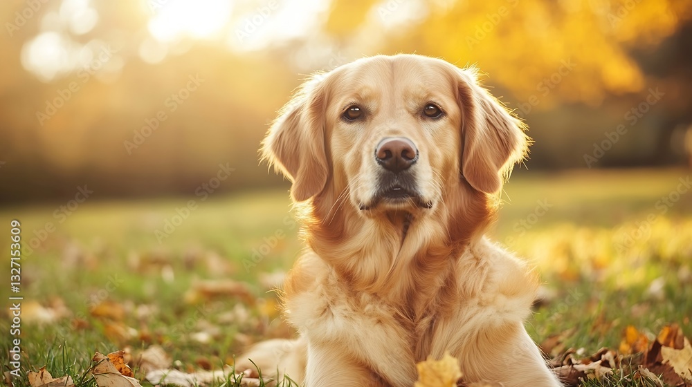 Poster charming golden retriever sitting on grass with autumn leaves illuminated by sunset glow : generativ