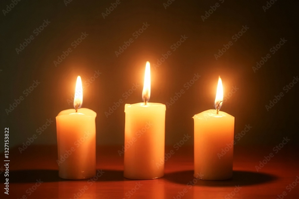 Poster three candles are lit and placed on a table. the candles are lit and the light from them casts shado