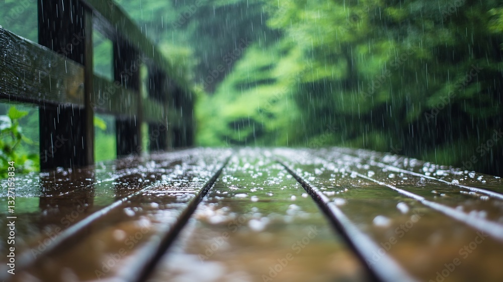 Aufkleber Raindrops falling on a wooden pathway lined with lush greenery creating a serene forest atmosphere : Generative AI