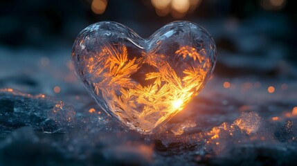Frozen Heart: A delicate heart sculpted from ice, its crystalline structure glistening with intricate patterns, enclosing a fiery, golden core that glows with warmth and passion.