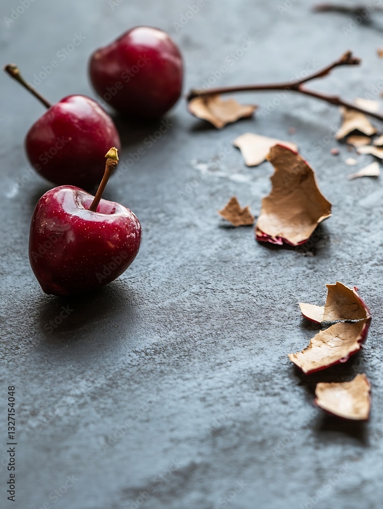 Poster three bright red cherries set on a dark textured surface with dry leaves scattered around : generati