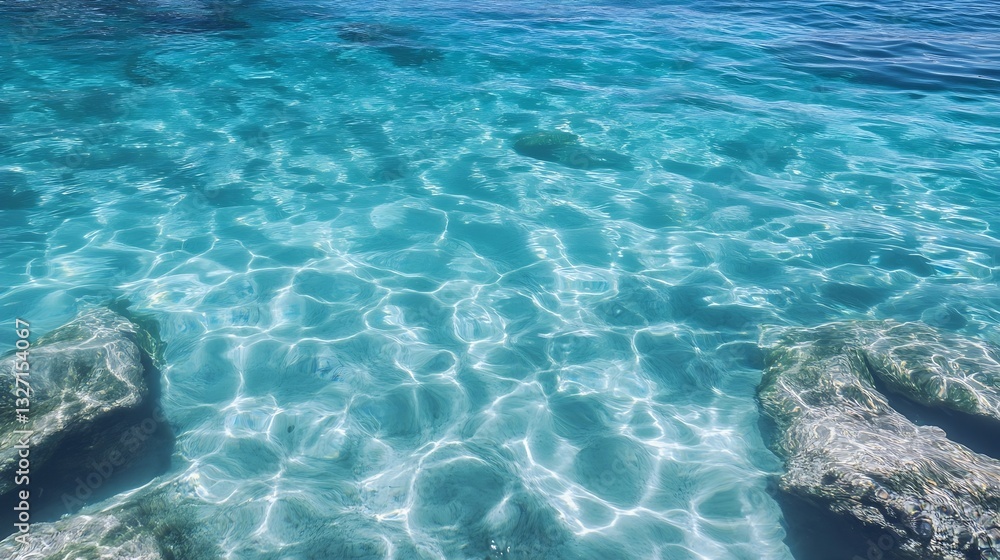 Poster clear turquoise water reflecting sunlight with smooth rocks under the surface creating a serene unde