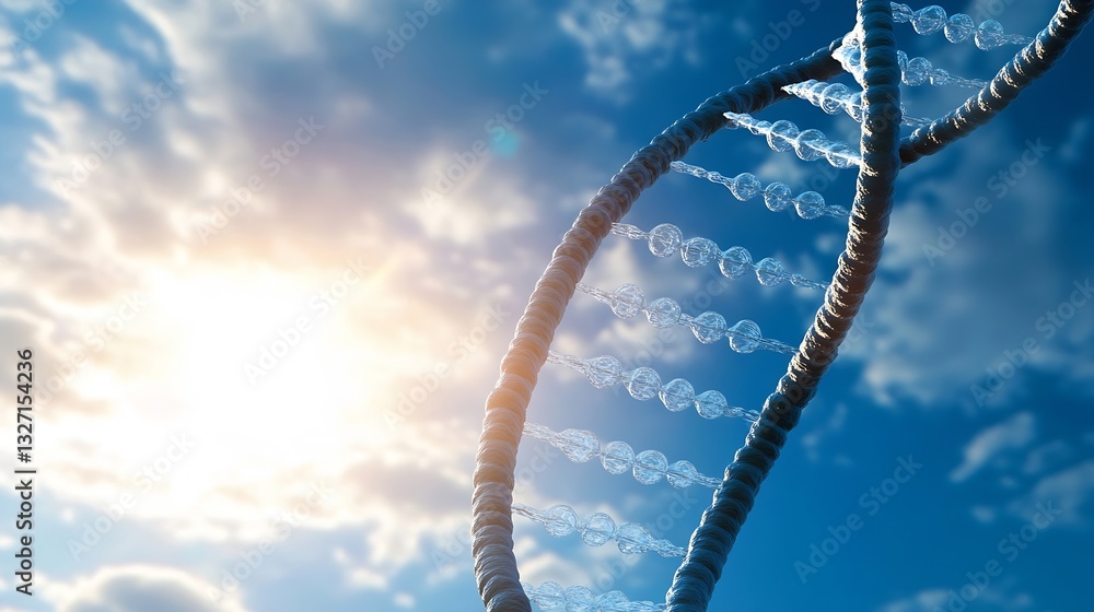 Poster close up view of a dna double helix structure set against a bright blue sky with sun shining : gener