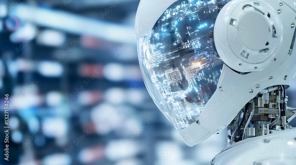 Poster Futuristic humanoid robot face with hightech digital features representing advancements in AI technology : Generative AI