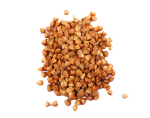 Pile of buckwheat isolated on white background. Top view