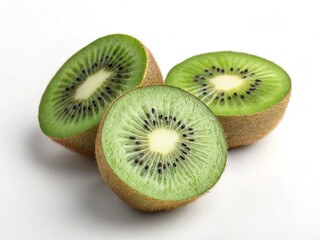 Three kiwi fruits are cut in half and arranged on a white surface