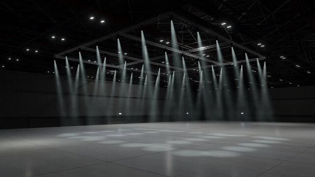 Motion Empty hall exhibition with lighting.Backdrop for stands,booth,product. Big Room for conference,online.3D Background for entertainment,concert ,event,sports,live.Animation loop 4k.3D render.