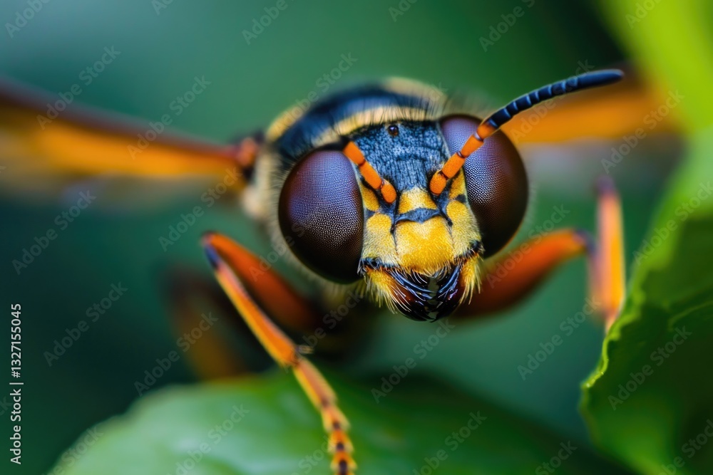 Poster a close-up view of a wasp sitting on a leaf, highlighting its details