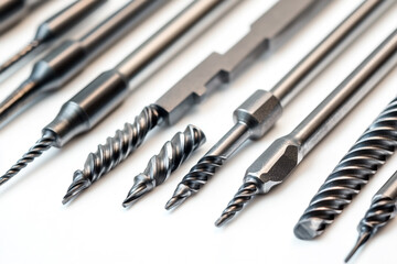 A variety of metal kitchen drill bits, single and double-winged tips in various sizes