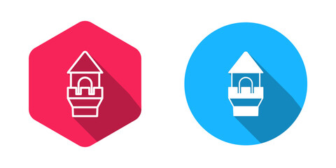 Filled and outline Castle tower icon isolated with long shadow background. Fortress sign. Vector